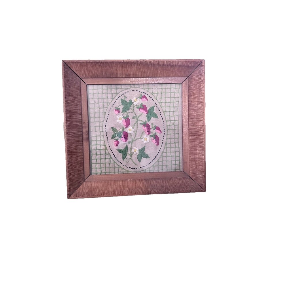 Vtg Embroidered Cross Stitch Strawberries on Vine Folk Art Wood Framed Cottage